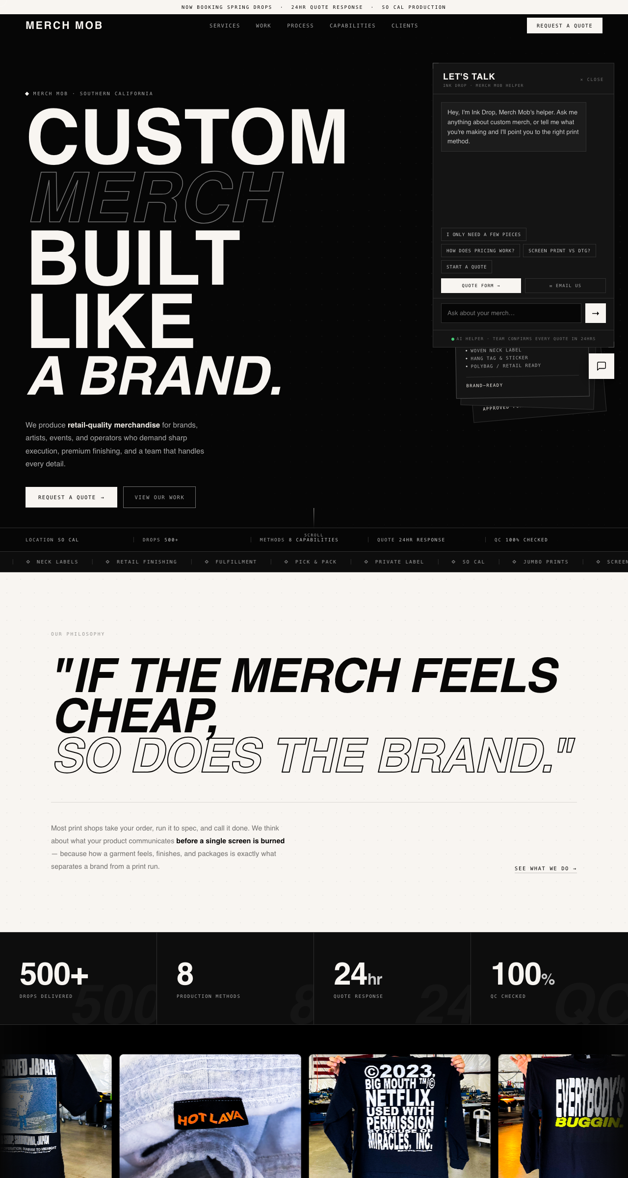 The Merch Mob homepage, headlined “Custom merch built like a brand”, with a Request a quote button